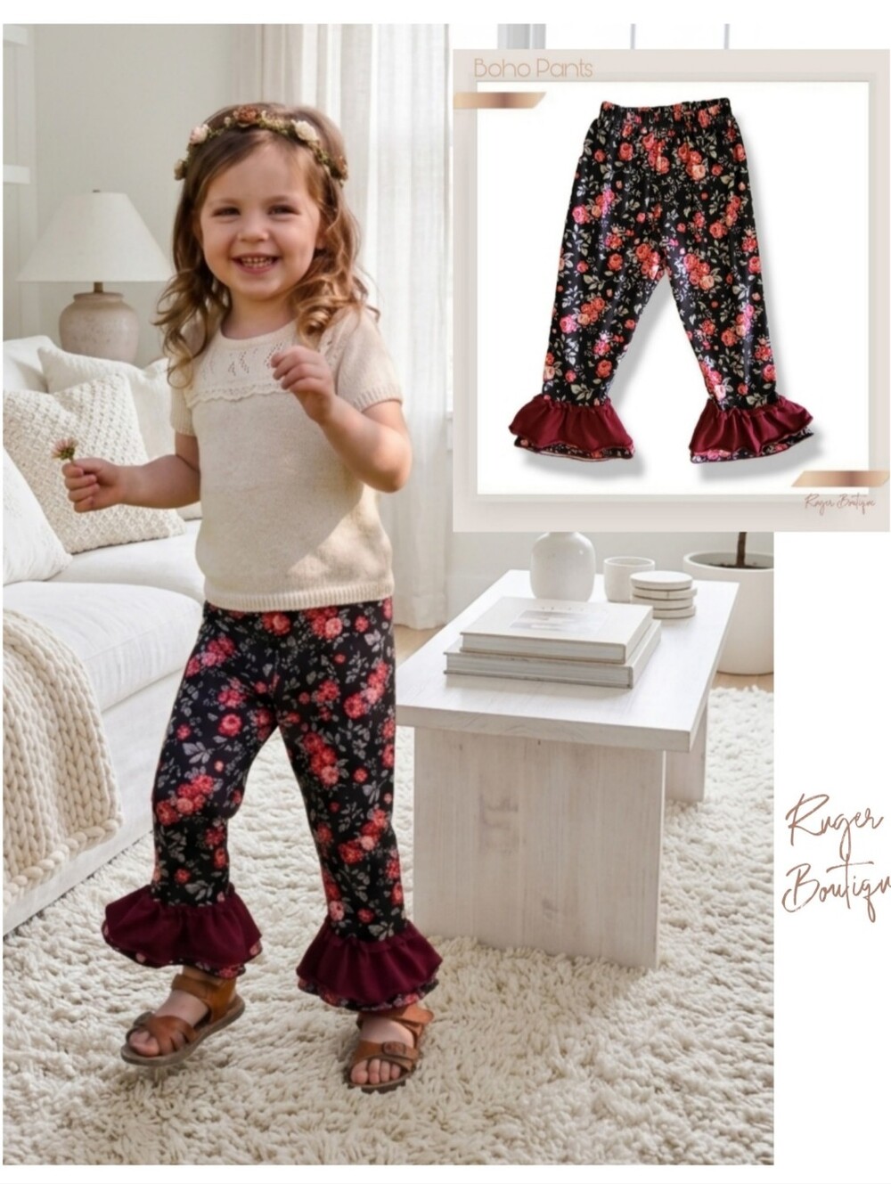 🌿Maroon Floral Boho Girls Size 4-5T Pants - Ruffle Bells